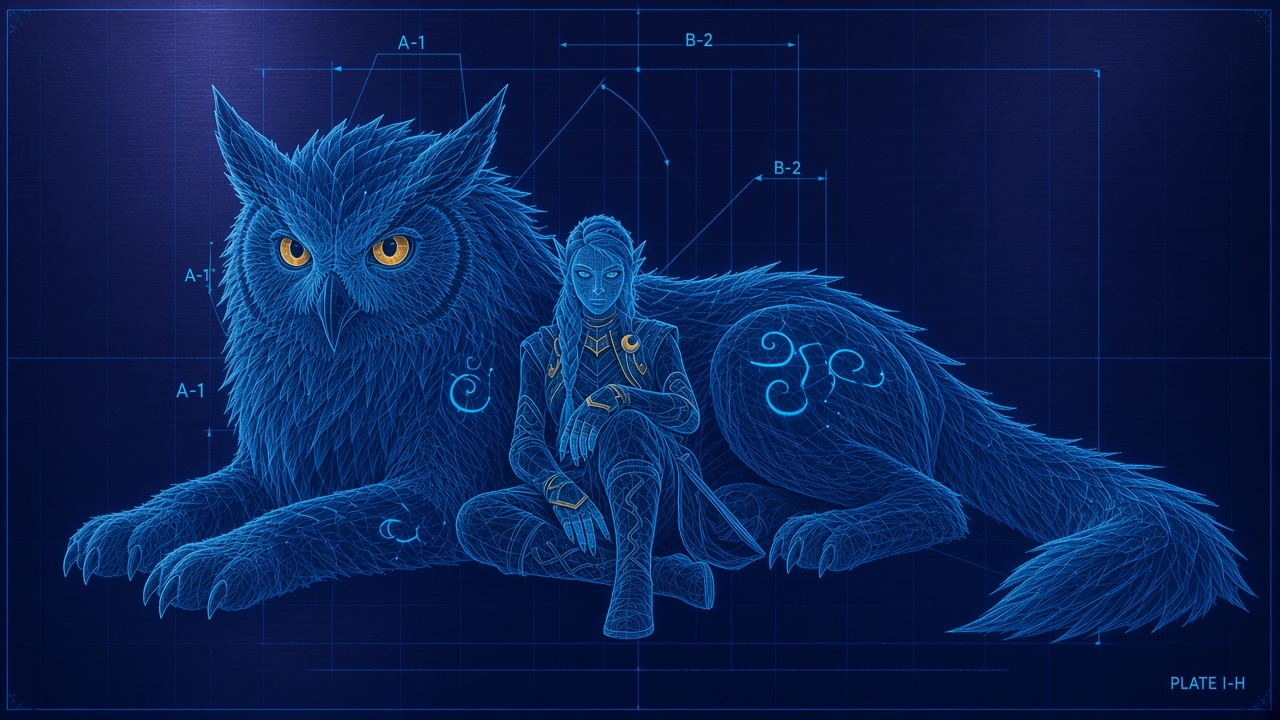 Night elf huntress and her owl companion — blueprint plate